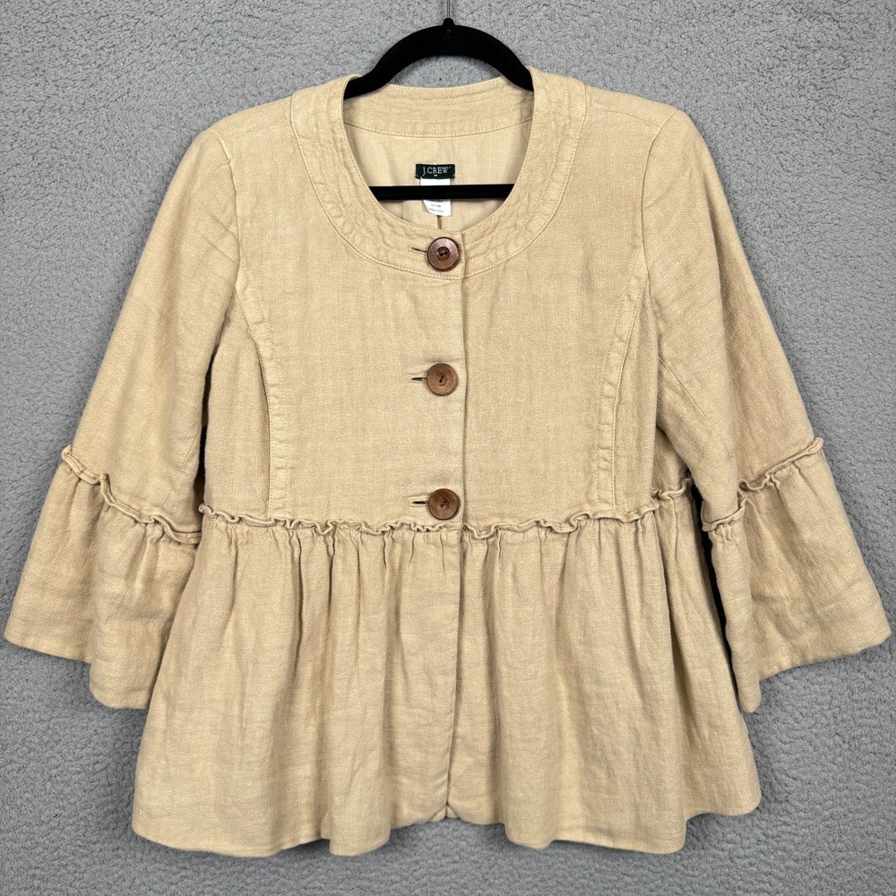 J Crew Jacket Womens 10 Beige 100% Linen Button Peplum Cottagecore Preppy Lagom‎
